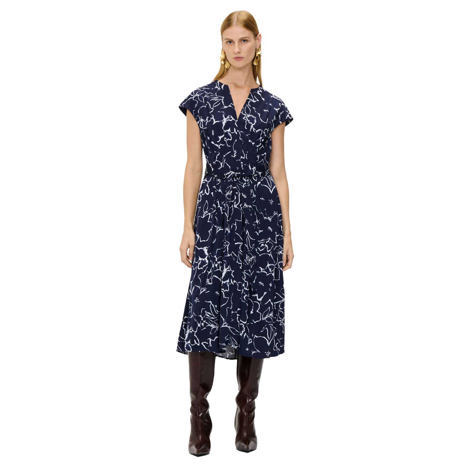 Veronika Maine Navy Blooms Pintuck Midi Dress